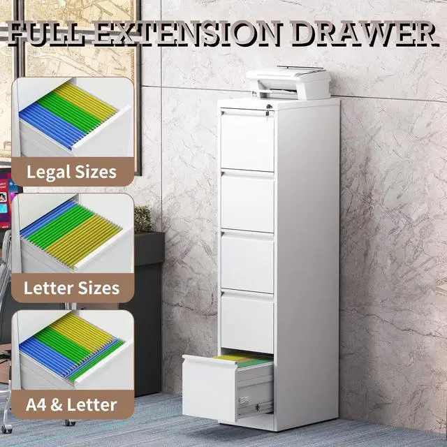 Alt view image 6 of 7 - 5 Drawer Vertical File Cabinet with Lock, Metal Filing Cabinets for Home Office, Heavy Duty File Storage Cabinet for Legal/Letter/A4 Documents, Easy to Assemble, White