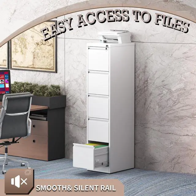 Alt view image 5 of 7 - 5 Drawer Vertical File Cabinet with Lock, Metal Filing Cabinets for Home Office, Heavy Duty File Storage Cabinet for Legal/Letter/A4 Documents, Easy to Assemble, White
