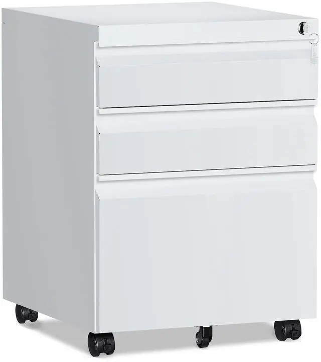 Main image of 3 Drawer File CabinetMobile Filing Cabinet with Lock and WheelsFully Assembled Metal Under Desk File Cabinets for A4/Letter/Legal SizeWhite