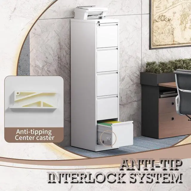 Alt view image 7 of 7 - 5 Drawer Vertical File Cabinet with Lock, Metal Filing Cabinets for Home Office, Heavy Duty File Storage Cabinet for Legal/Letter/A4 Documents, Easy to Assemble, White