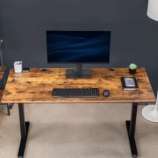 Alt view image 7 of 7 - Electric 55 x 24 in Standing Desk, Memory Height Adjustment, Rustic Vintage Brown Top Black Frame, DESK-E155TN