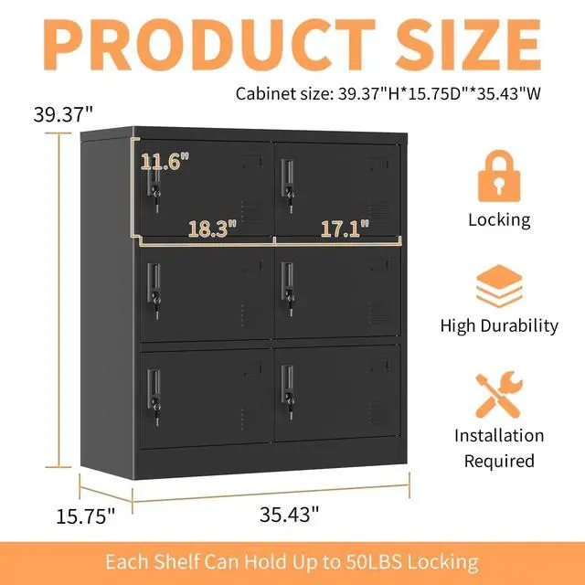 Alt view image 3 of 6 - Metal Locker Storage Cabinet with 6 Door, Storage Lockers for Employee, Black Steel Employee Lockers with Lock, Office Gym Storage Locker for School Restaurant Home, Assembly Require
