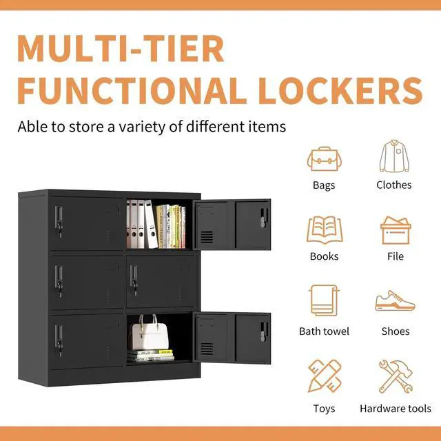 Alt view image 6 of 6 - Metal Locker Storage Cabinet with 6 Door, Storage Lockers for Employee, Black Steel Employee Lockers with Lock, Office Gym Storage Locker for School Restaurant Home, Assembly Require