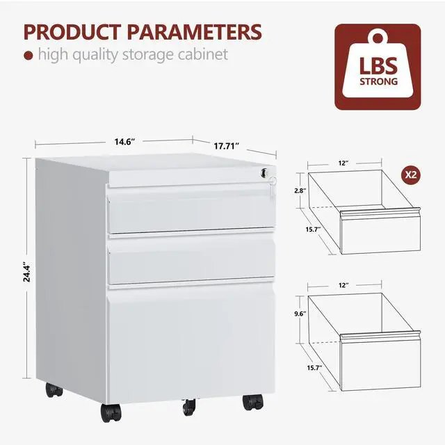 Alt view image 3 of 7 - 3 Drawer File CabinetMobile Filing Cabinet with Lock and WheelsFully Assembled Metal Under Desk File Cabinets for A4/Letter/Legal SizeWhite