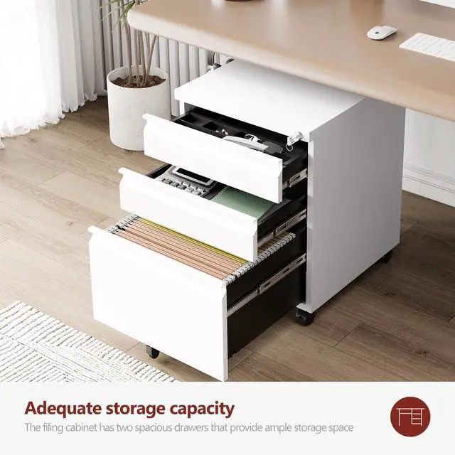 Alt view image 5 of 7 - 3 Drawer File CabinetMobile Filing Cabinet with Lock and WheelsFully Assembled Metal Under Desk File Cabinets for A4/Letter/Legal SizeWhite