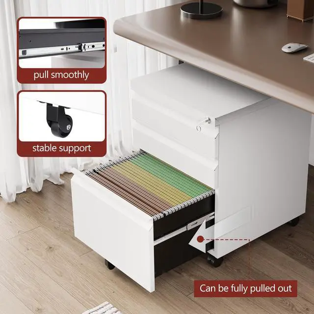 Alt view image 7 of 7 - 3 Drawer File CabinetMobile Filing Cabinet with Lock and WheelsFully Assembled Metal Under Desk File Cabinets for A4/Letter/Legal SizeWhite