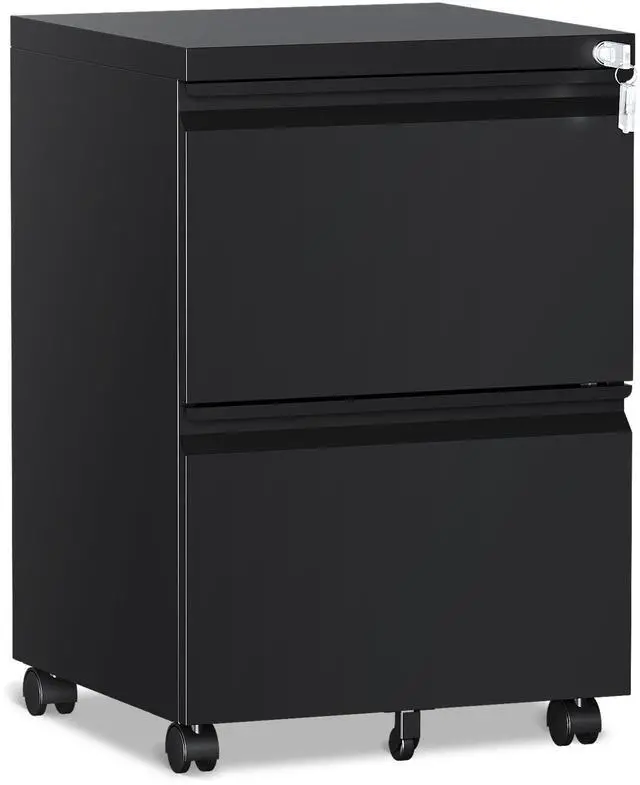 Main image of 2 Drawer File CabinetMobile Filing Cabinet with Lock and WheelsFully Assembled Metal Under Desk File Cabinets for A4/Letter/Legal SizeBlack
