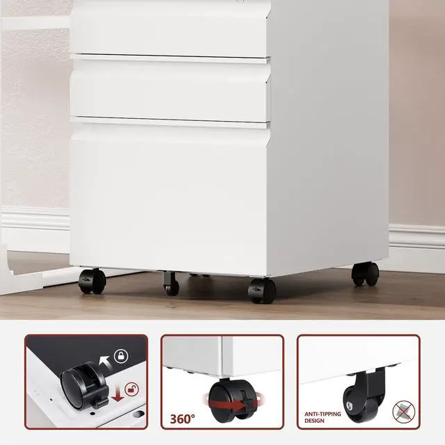 Alt view image 6 of 7 - 3 Drawer File CabinetMobile Filing Cabinet with Lock and WheelsFully Assembled Metal Under Desk File Cabinets for A4/Letter/Legal SizeWhite