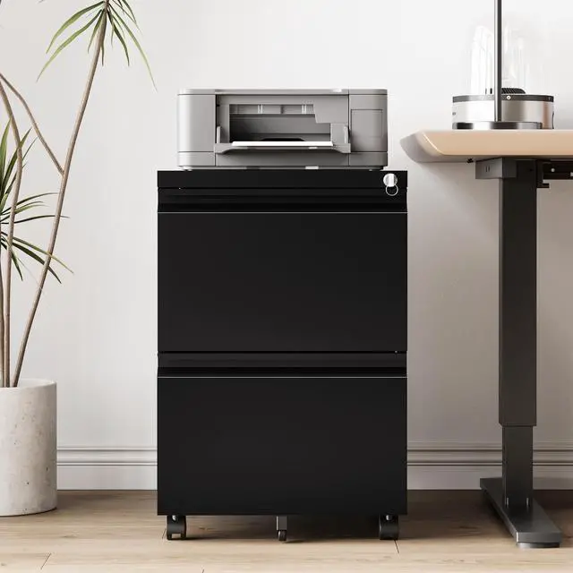 Alt view image 2 of 7 - 2 Drawer File CabinetMobile Filing Cabinet with Lock and WheelsFully Assembled Metal Under Desk File Cabinets for A4/Letter/Legal SizeBlack