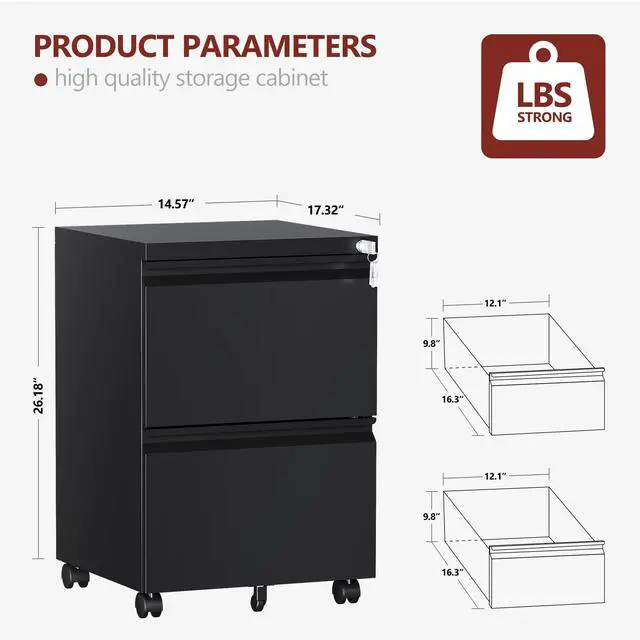 Alt view image 3 of 7 - 2 Drawer File CabinetMobile Filing Cabinet with Lock and WheelsFully Assembled Metal Under Desk File Cabinets for A4/Letter/Legal SizeBlack