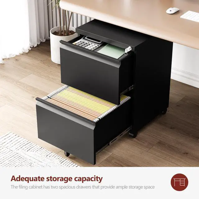 Alt view image 5 of 7 - 2 Drawer File CabinetMobile Filing Cabinet with Lock and WheelsFully Assembled Metal Under Desk File Cabinets for A4/Letter/Legal SizeBlack