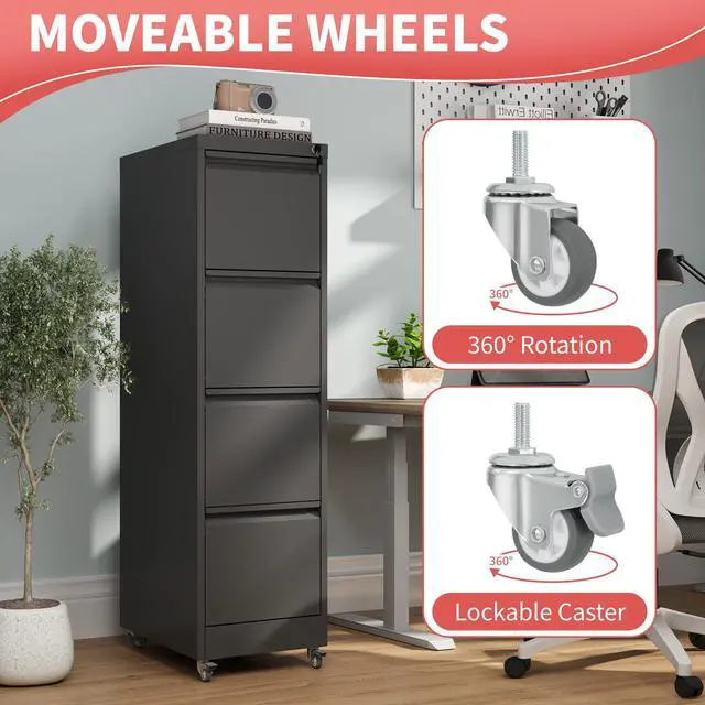 Alt view image 6 of 7 - 4 Drawer Locking File Cabinet with Wheels,Metal Filing Cabinets | Black Rolling File Cabinet for Home Office,Heavy Duty Storage Cabinet for A4/Letter/Legal Size File,Assembly Required
