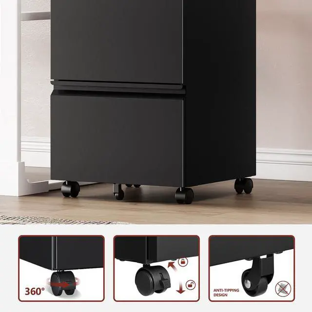Alt view image 6 of 7 - 2 Drawer File CabinetMobile Filing Cabinet with Lock and WheelsFully Assembled Metal Under Desk File Cabinets for A4/Letter/Legal SizeBlack