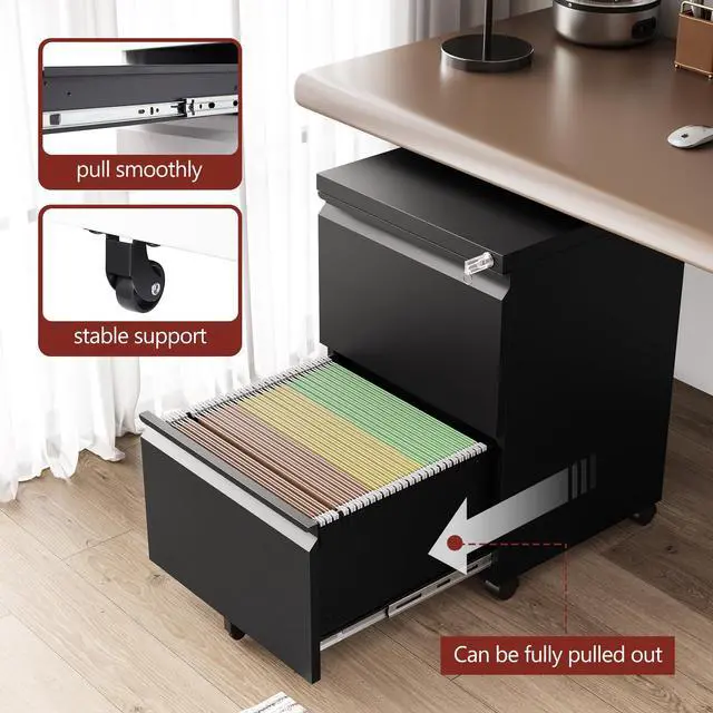 Alt view image 7 of 7 - 2 Drawer File CabinetMobile Filing Cabinet with Lock and WheelsFully Assembled Metal Under Desk File Cabinets for A4/Letter/Legal SizeBlack