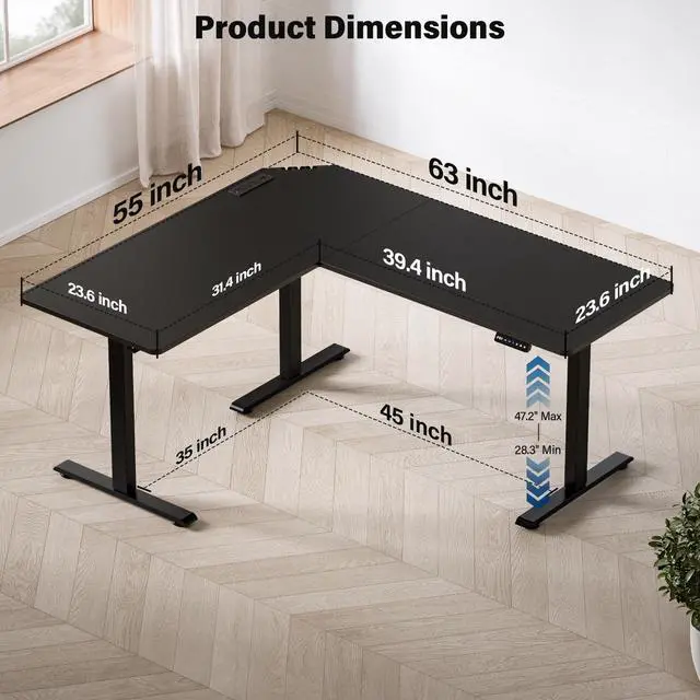 Alt view image 2 of 7 - 63 x 55 inch L-Shaped Standing Desk, Corner Computer Desk, Electric Standing Desk Adjustable Height, Sit to Stand Ergonomic Workstation for Home Office, Black