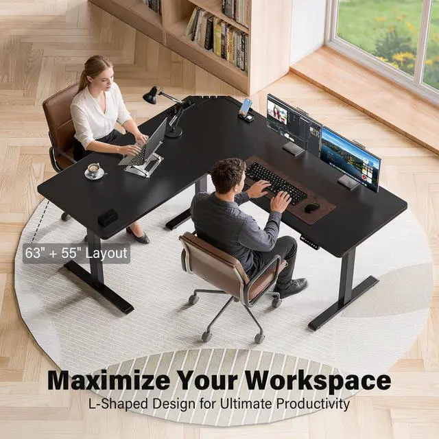 Alt view image 4 of 7 - 63 x 55 inch L-Shaped Standing Desk, Corner Computer Desk, Electric Standing Desk Adjustable Height, Sit to Stand Ergonomic Workstation for Home Office, Black