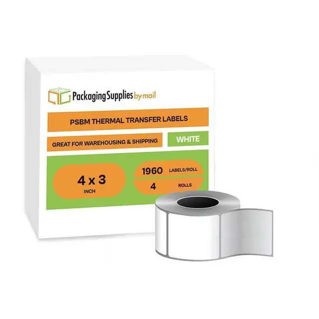 Alt view image 2 of 7 - PSBM 4 Rolls 4 x 3 Inch Core Thermal Transfer Label Stickers, 3 Inch Core, 1960 Labels/Roll, Fade-Resistant Label for Barcode and Shipping Printing, Compatible with Zebra, Sato & Datamax