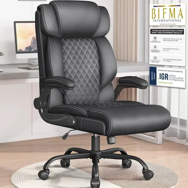 Main image of Office Chair-Executive High Back Breathable Big and Tall Office Chair Flip-up Armrests Lumbar Support-Ergonomic Leather Rolling Swivel Chair with Rock Function for Working Studying Gaming,Black