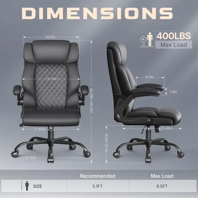 Alt view image 2 of 7 - Office Chair-Executive High Back Breathable Big and Tall Office Chair Flip-up Armrests Lumbar Support-Ergonomic Leather Rolling Swivel Chair with Rock Function for Working Studying Gaming,Black