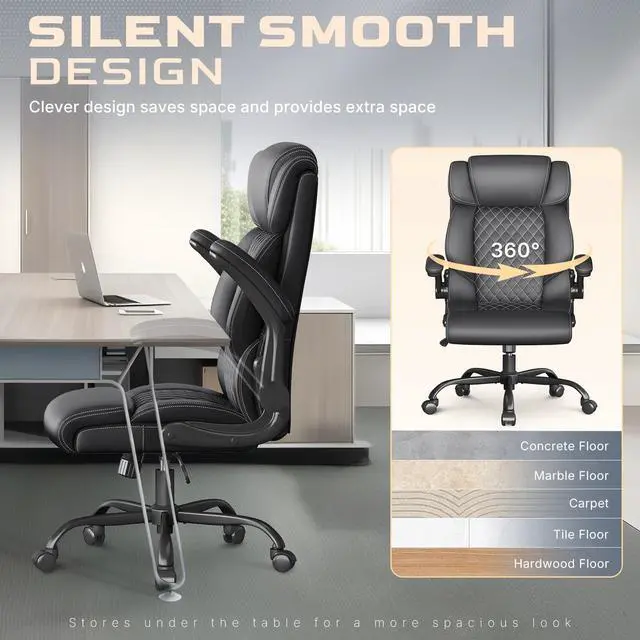 Alt view image 4 of 7 - Office Chair-Executive High Back Breathable Big and Tall Office Chair Flip-up Armrests Lumbar Support-Ergonomic Leather Rolling Swivel Chair with Rock Function for Working Studying Gaming,Black