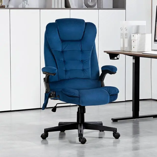 Alt view image 2 of 7 - Executive Office Chair 6 Points Vibration Massage Velvet Drak Blue | Heated Lumbar Support, High Back Computer Chair, Reclining Backrest, Tilt Function, Padded Armrests