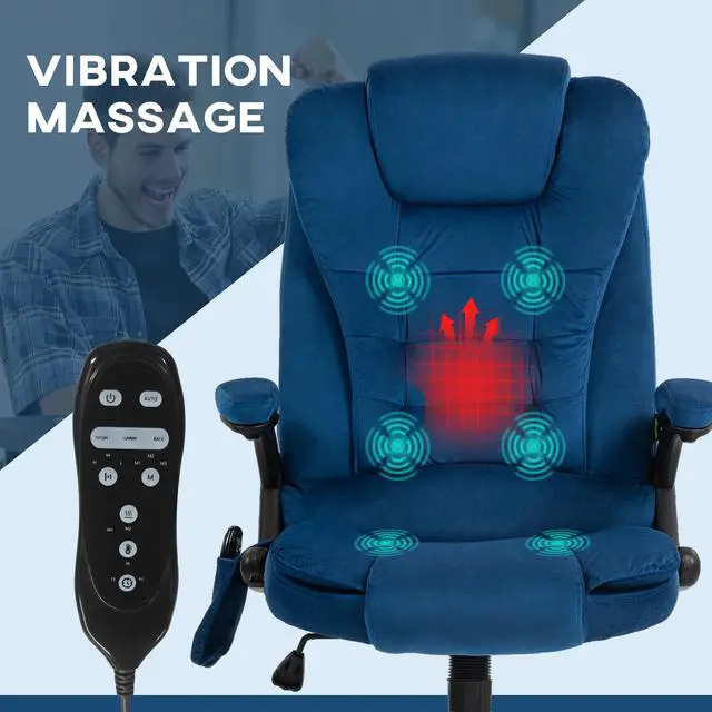 Alt view image 4 of 7 - Executive Office Chair 6 Points Vibration Massage Velvet Drak Blue | Heated Lumbar Support, High Back Computer Chair, Reclining Backrest, Tilt Function, Padded Armrests