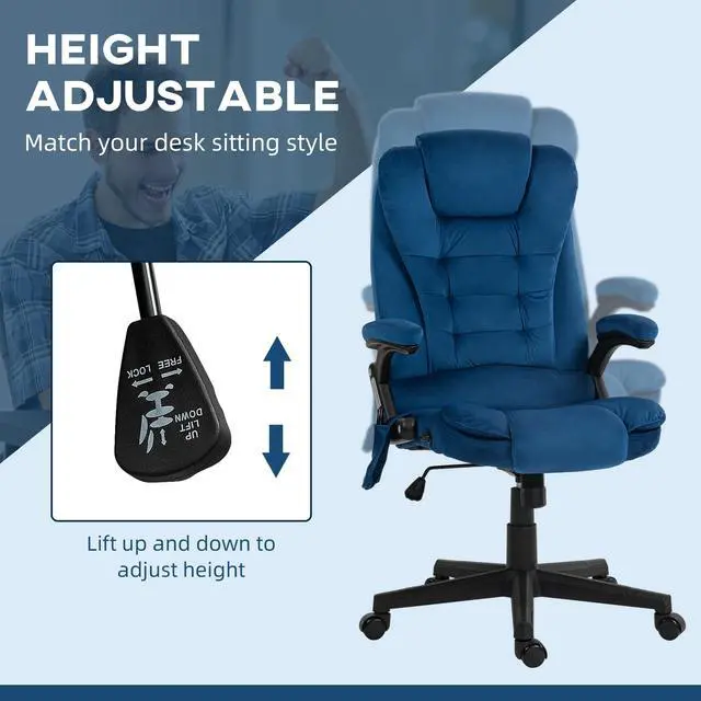 Alt view image 5 of 7 - Executive Office Chair 6 Points Vibration Massage Velvet Drak Blue | Heated Lumbar Support, High Back Computer Chair, Reclining Backrest, Tilt Function, Padded Armrests