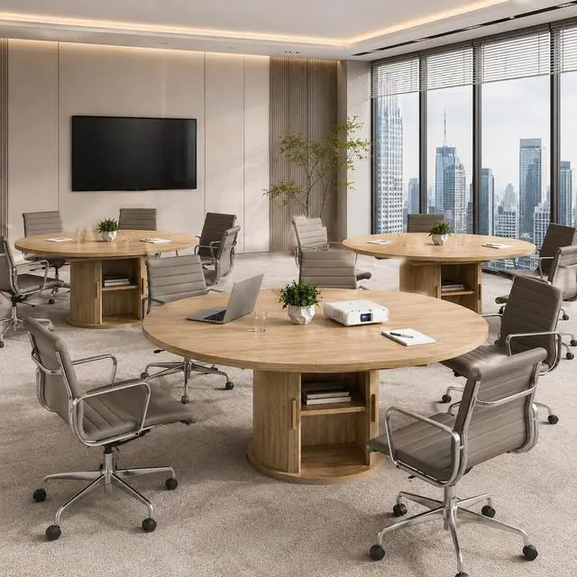 Alt view image 3 of 7 - 47 63" Wooden Extendable Round Conference Table 4-6-8 People | Convertible Oval Meeting Table,Office Table with Hidden Storage Shelf,Home Office, Apartment Kitchen Dining Room, Natural