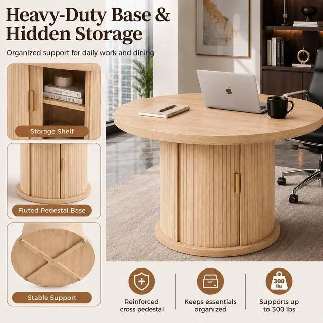 Alt view image 4 of 7 - 47 63" Wooden Extendable Round Conference Table 4-6-8 People | Convertible Oval Meeting Table,Office Table with Hidden Storage Shelf,Home Office, Apartment Kitchen Dining Room, Natural