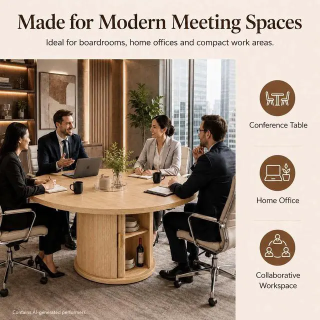 Alt view image 5 of 7 - 47 63" Wooden Extendable Round Conference Table 4-6-8 People | Convertible Oval Meeting Table,Office Table with Hidden Storage Shelf,Home Office, Apartment Kitchen Dining Room, Natural