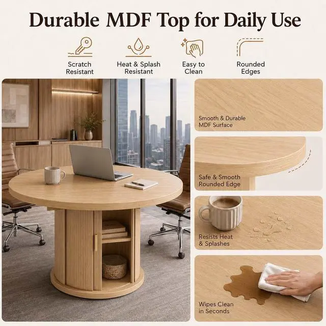 Alt view image 6 of 7 - 47 63" Wooden Extendable Round Conference Table 4-6-8 People | Convertible Oval Meeting Table,Office Table with Hidden Storage Shelf,Home Office, Apartment Kitchen Dining Room, Natural