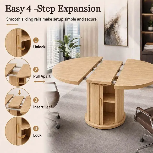 Alt view image 7 of 7 - 47 63" Wooden Extendable Round Conference Table 4-6-8 People | Convertible Oval Meeting Table,Office Table with Hidden Storage Shelf,Home Office, Apartment Kitchen Dining Room, Natural