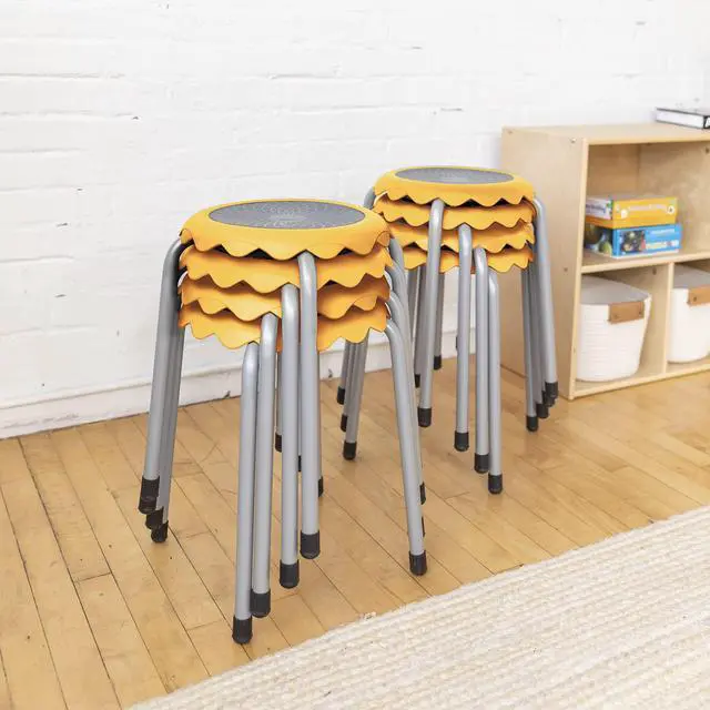 Alt view image 2 of 7 - Daisy Stackable Stool Set, Flexible Seating, Yellow, 8-Piece | Durable plastic and steel, GREENGUARD Gold Certified, 275 lb capacity, fully assembled, glides, classroom/home use
