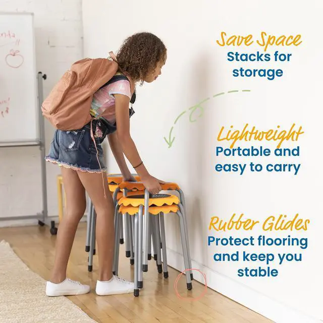 Alt view image 4 of 7 - Daisy Stackable Stool Set, Flexible Seating, Yellow, 8-Piece | Durable plastic and steel, GREENGUARD Gold Certified, 275 lb capacity, fully assembled, glides, classroom/home use