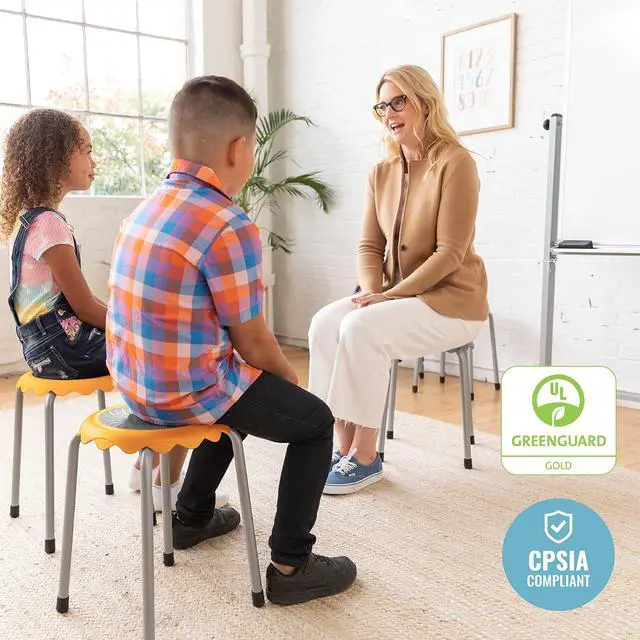 Alt view image 6 of 7 - Daisy Stackable Stool Set, Flexible Seating, Yellow, 8-Piece | Durable plastic and steel, GREENGUARD Gold Certified, 275 lb capacity, fully assembled, glides, classroom/home use