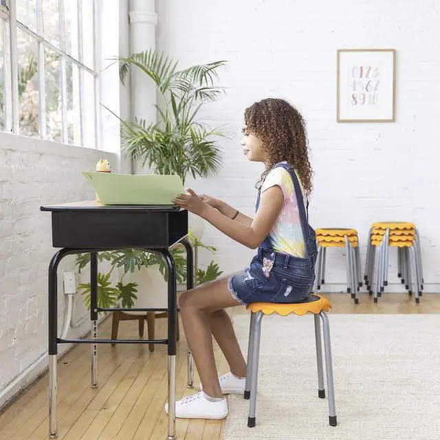 Alt view image 7 of 7 - Daisy Stackable Stool Set, Flexible Seating, Yellow, 8-Piece | Durable plastic and steel, GREENGUARD Gold Certified, 275 lb capacity, fully assembled, glides, classroom/home use