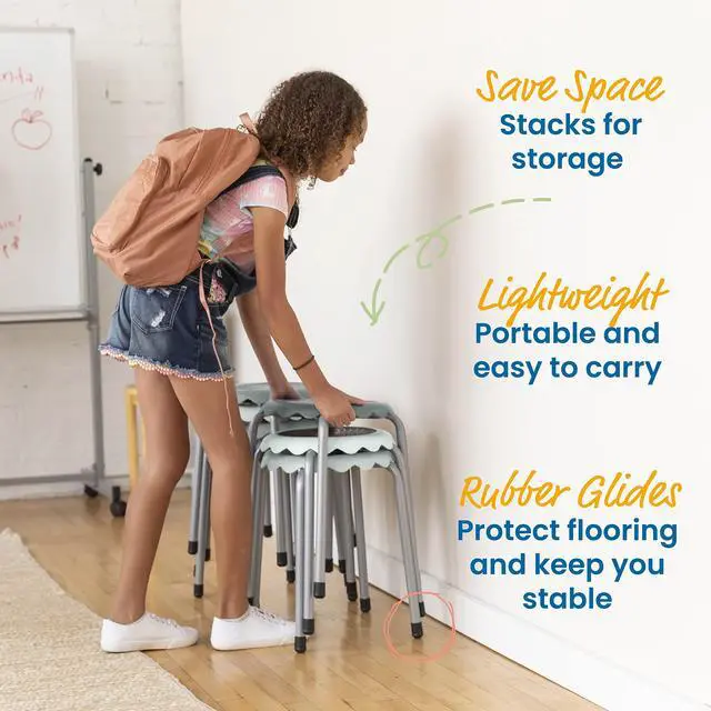 Alt view image 4 of 7 - Daisy Stackable Stool Set, 17in Seat Height, 8-Piece, Light Grey | Durable plastic and steel, GREENGUARD Gold Certified, 275 lb capacity, fully assembled, glides, classroom/home use