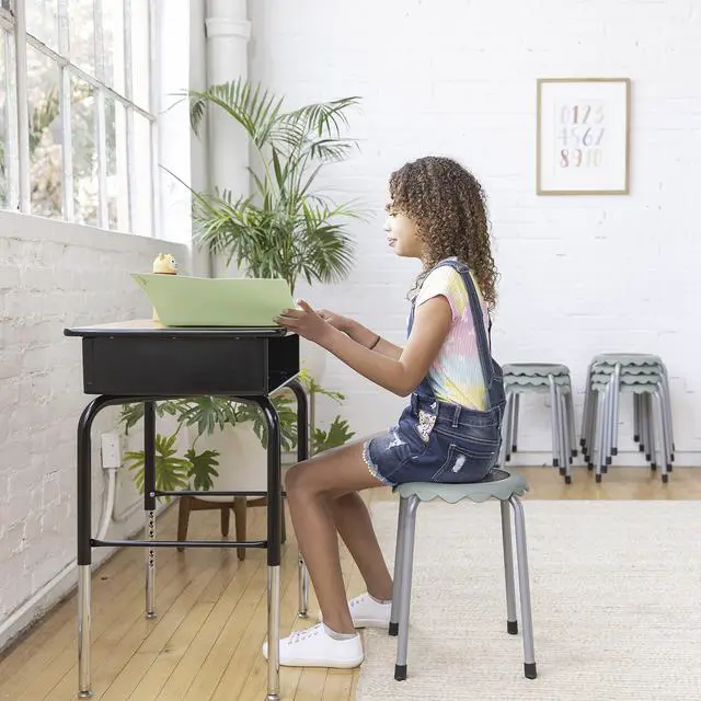 Alt view image 7 of 7 - Daisy Stackable Stool Set, 17in Seat Height, 8-Piece, Light Grey | Durable plastic and steel, GREENGUARD Gold Certified, 275 lb capacity, fully assembled, glides, classroom/home use