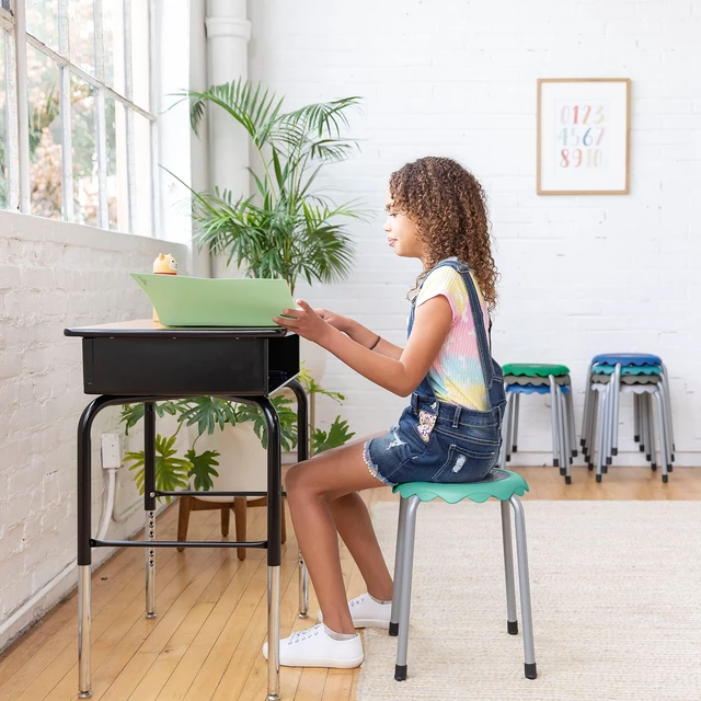 Alt view image 2 of 7 - Daisy Stackable Stool Set, 17in Seat Height, 8-Piece, Contemporary | Durable plastic and steel, GREENGUARD Gold Certified, 275 lb capacity, fully assembled, glides, classroom/home use