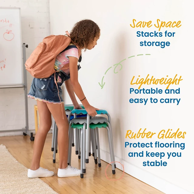 Alt view image 4 of 7 - Daisy Stackable Stool Set, 17in Seat Height, 8-Piece, Contemporary | Durable plastic and steel, GREENGUARD Gold Certified, 275 lb capacity, fully assembled, glides, classroom/home use
