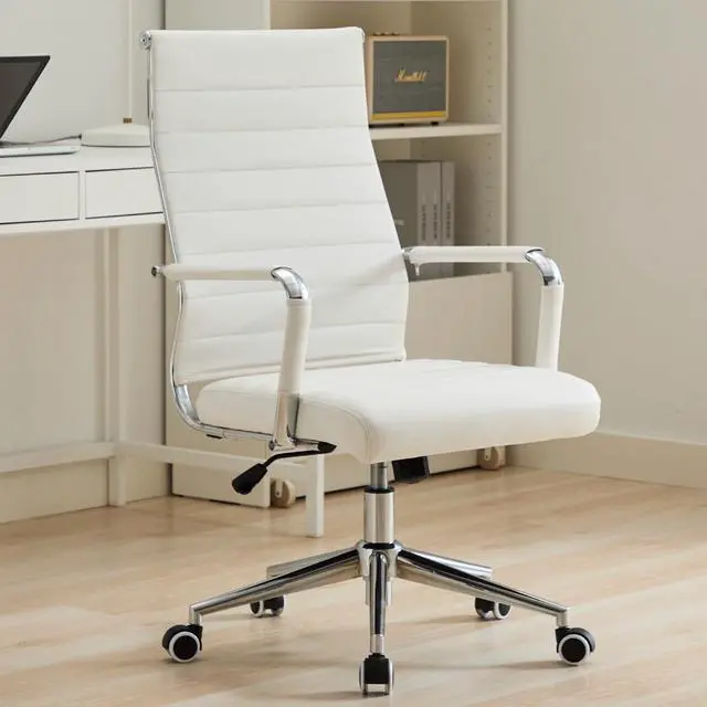 Main image of Office Desk Chair Leather, Conference Room Chairs with Wheels, Executive Modern High Back Ergonomic Swivel Rolling Ribbed Computer ChairWhite