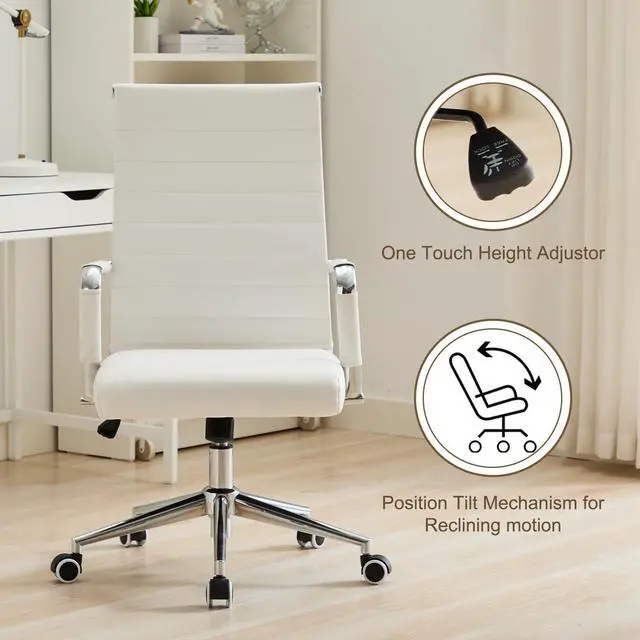 Alt view image 3 of 6 - Office Desk Chair Leather, Conference Room Chairs with Wheels, Executive Modern High Back Ergonomic Swivel Rolling Ribbed Computer ChairWhite