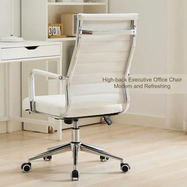 Alt view image 4 of 6 - Office Desk Chair Leather, Conference Room Chairs with Wheels, Executive Modern High Back Ergonomic Swivel Rolling Ribbed Computer ChairWhite