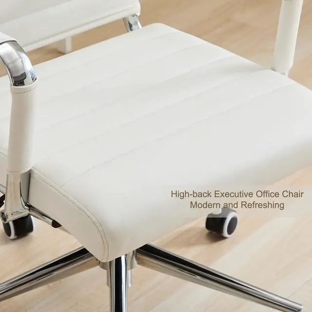 Alt view image 5 of 6 - Office Desk Chair Leather, Conference Room Chairs with Wheels, Executive Modern High Back Ergonomic Swivel Rolling Ribbed Computer ChairWhite