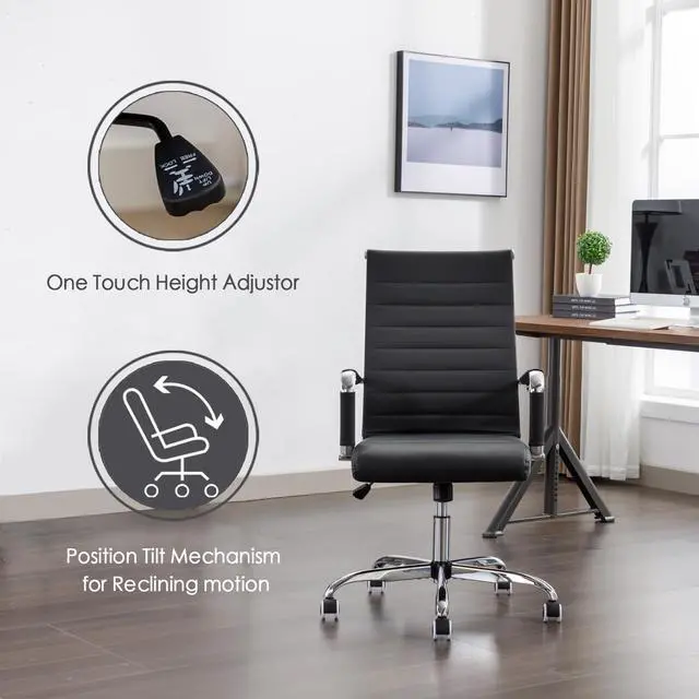 Alt view image 3 of 7 - Office Desk Chair Leather, Conference Room Chairs with Wheels, Executive Modern Ergonomic Ribbed Computer Chair