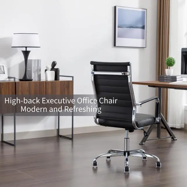 Alt view image 4 of 7 - Office Desk Chair Leather, Conference Room Chairs with Wheels, Executive Modern Ergonomic Ribbed Computer Chair