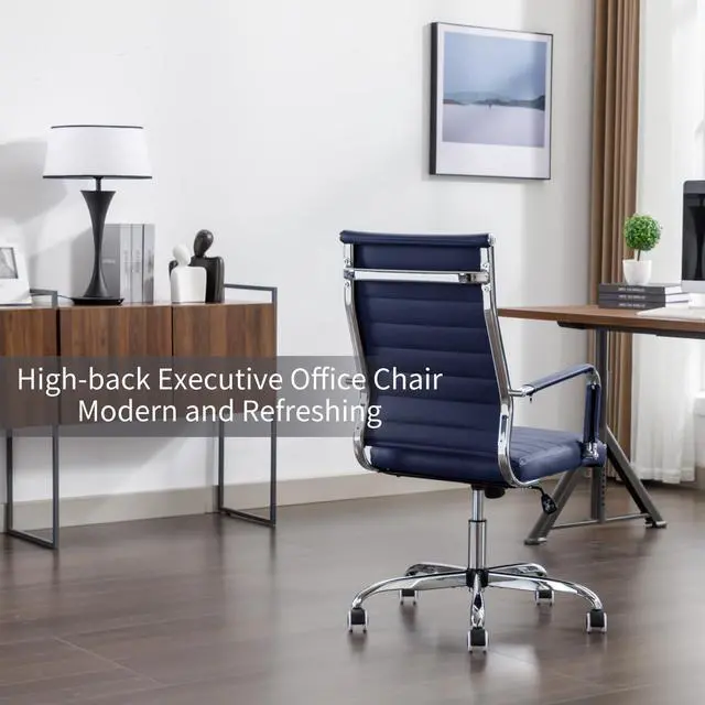 Alt view image 3 of 6 - Office Desk Chair Leather, Conference Room Chairs with Wheels, Executive Modern High Back Ergonomic Swivel Rolling Ribbed Computer Chair
