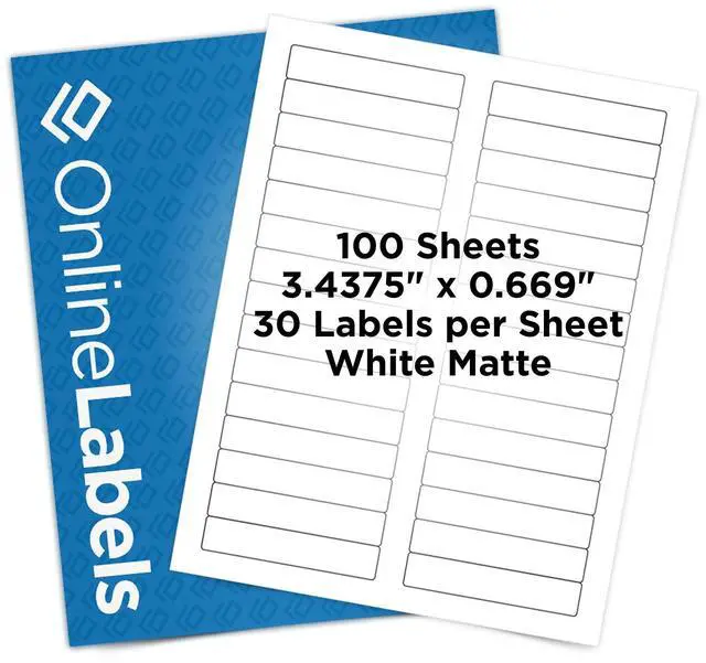 Main image of OnlineLabels 3.4375" x 0.669" File Folder Labels - White Matte - 100 Sheets | Permanent Adhesive, Blank Rectangle Labels, Inkjet & Laser Compatible, Ideal for File Folders & Jar Seals