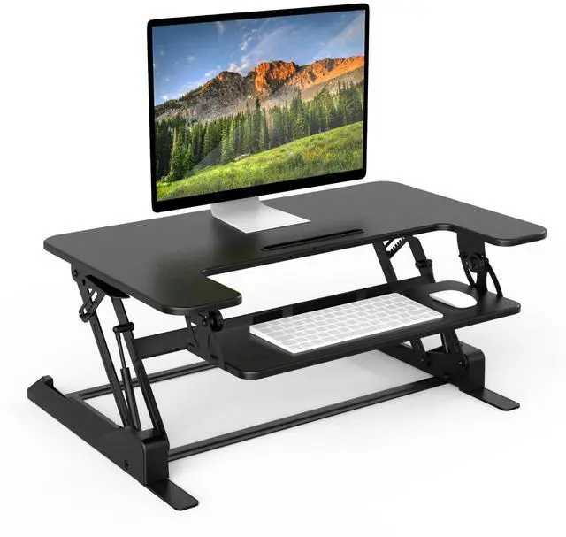 Main image of Standing Desk Converter - Height Adjustable Stand Up Riser with Manual Lift, 36.5" x 22" Desktop, Stand up Convertor in Black, Fits Dual Monitors, Laptop and Keyboard Mouse Tray