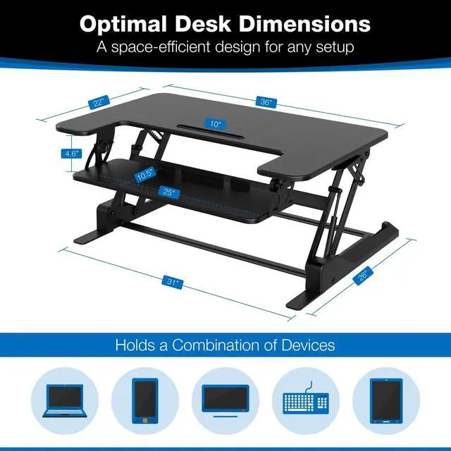 Alt view image 2 of 7 - Standing Desk Converter - Height Adjustable Stand Up Riser with Manual Lift, 36.5" x 22" Desktop, Stand up Convertor in Black, Fits Dual Monitors, Laptop and Keyboard Mouse Tray